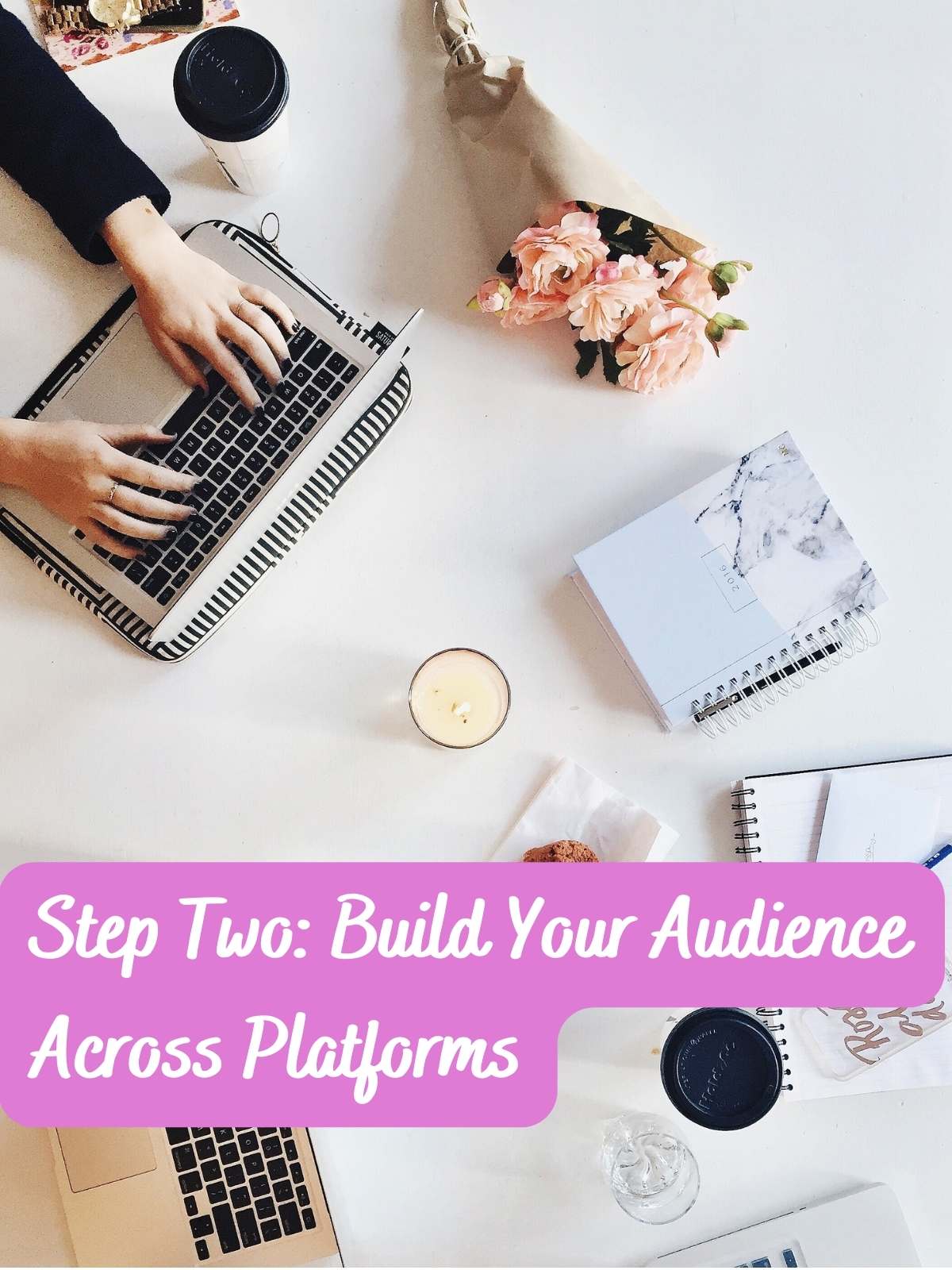 Step two: Build Your audience across platforms. Photo of someone working on laptop/