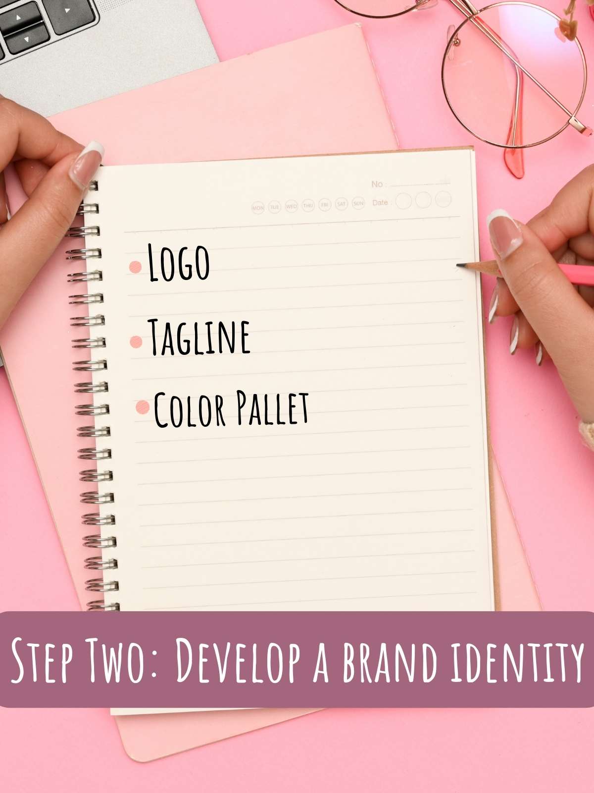 Photo of person working on brainstorming a brand identity. Photo of notebook.